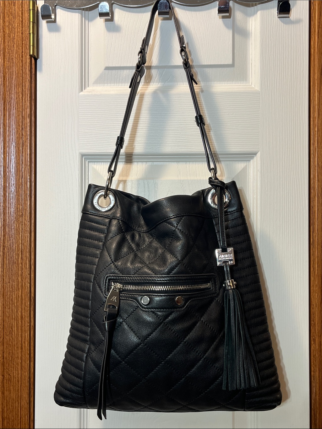 Aimee Kestenberg Black Leather Quilted Shoulder Bag Purse W/ Silver Tone Trim